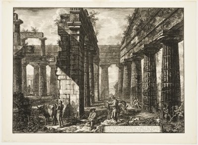 Interieur van de overblijfselen van een van de pronaoi van de Tempel van Neptunus die landinwaarts gericht is, uit Verschillende Zichten van Paestum door Giovanni Battista Piranesi