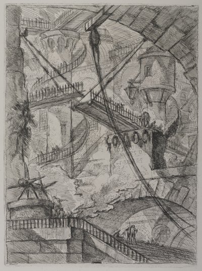 Invenzioni Capric di Carceri; Hind 7, Eerste Staat van Drie, ca. 1749 door Giovanni Battista Piranesi