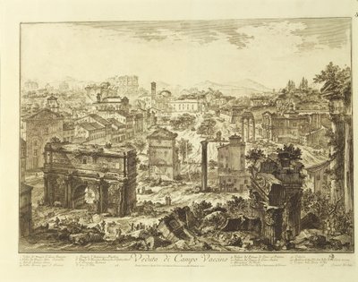 Italië, Rome, uitzicht op Campo Vaccino (Forum Romanum) met de Boog van Septimius Severus door Giovanni Battista Piranesi
