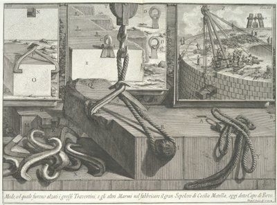 Middelen waarmee de grote blokken travertijn en marmer werden opgetild, 1756-57 door Giovanni Battista Piranesi