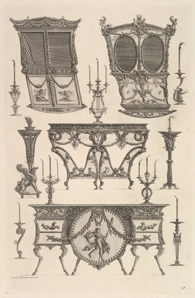 Diverse meubels waaronder twee draagstoelen, een bijzettafel en een commode, ca. 1769 door Giovanni Battista Piranesi
