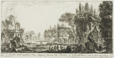 Deel van de oude Via Appia ongeveer drie mijl buiten Porta S. Sebastiano, plaat 19 uit Enkele Zichten op Triomfbogen en andere monumenten door Giovanni Battista Piranesi