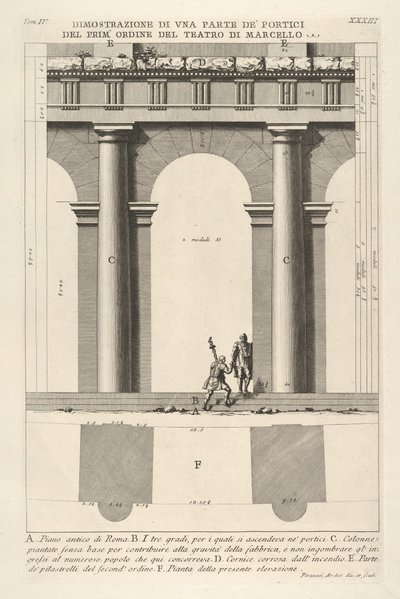 Gedeeltelijke Elevatie en Plattegrond van het Eerste-orde Portiek bij het Theater van Marcellus door Giovanni Battista Piranesi