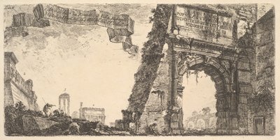 Plaat 6: 1. Boog van Titus. 2. Villa Farnese. 3. Zuilen van de Tempel van Jupiter Stato..., ca. 1748 door Giovanni Battista Piranesi