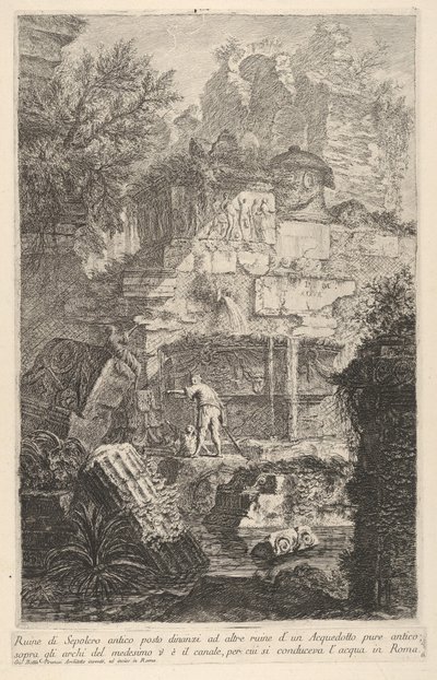 Plaat 6: Ruïnes van een oud graf voor ruïnes van een oud aquaduct, boven de boog..., 1743 door Giovanni Battista Piranesi