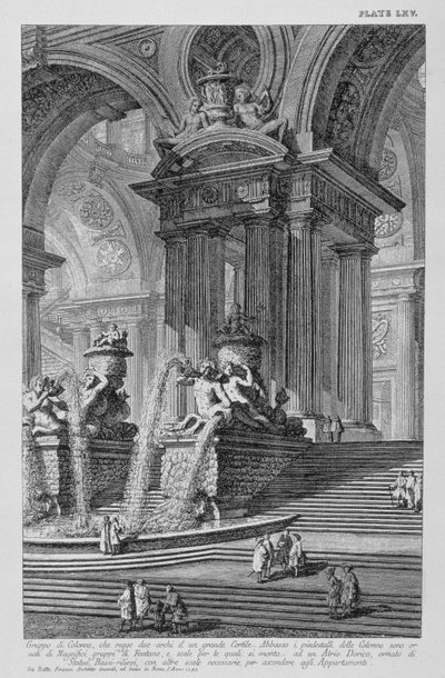 Plate LXV Architectonische capriccio van een monumentale groep kolommen die twee bogen van een grote binnenplaats ondersteunen met prachtige fonteinen versierd met beelden en bas-reliëfs gedateerd 1743 uit Vedute door Giovanni Battista Piranesi