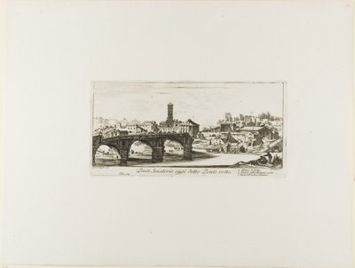 Senatoriale Brug, tegenwoordig Ponte Rotto [Gebroken Brug] genoemd. 1. Tempel van Vesta. 2. Tempel van Fortuna Virilis. 3. Deel van de oude Palatijn, plaat 14 uit Some Views of Triumphal Arches and other Monuments. door Giovanni Battista Piranesi