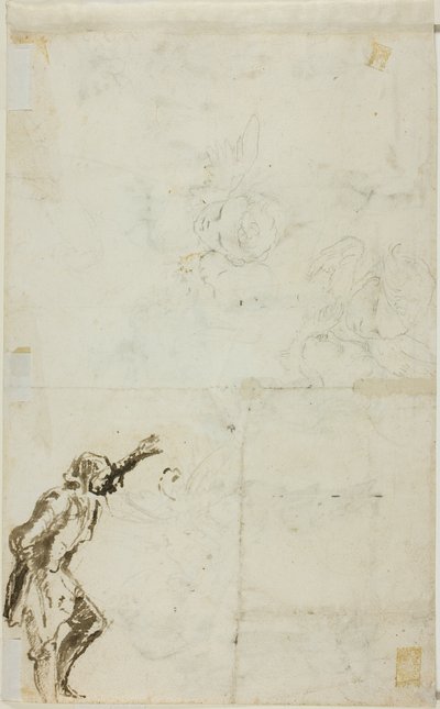 Blad met schetsen: Staande man met opgeheven arm, cherubijnen door Giovanni Battista Piranesi