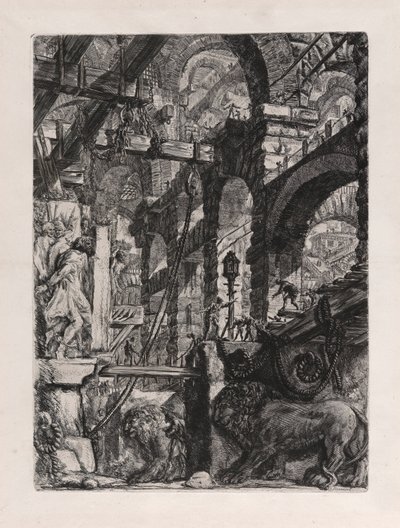 De Leeuwen Bas-Reliefs, plaat 5 uit Carceri d door Giovanni Battista Piranesi