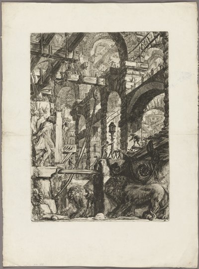 De leeuwen bas-reliëfs, plaat 5 uit Imaginaire gevangenissen door Giovanni Battista Piranesi