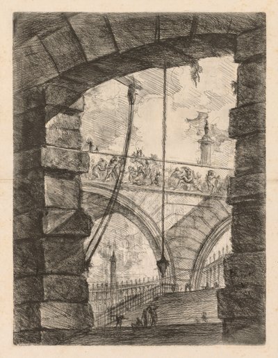 De gevangenissen: Een hoge boog met een fries door Giovanni Battista Piranesi