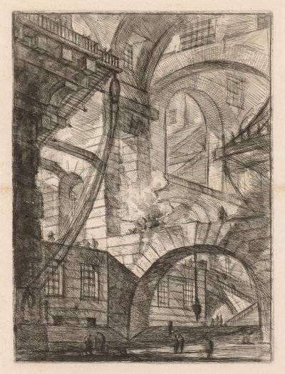 De gevangenissen: Een perspectief van bogen met een rokend vuur door Giovanni Battista Piranesi