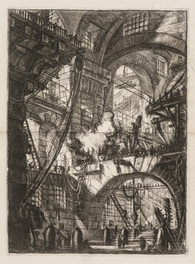De gevangenissen: Een perspectief van bogen met een rokend vuur in het midden door Giovanni Battista Piranesi