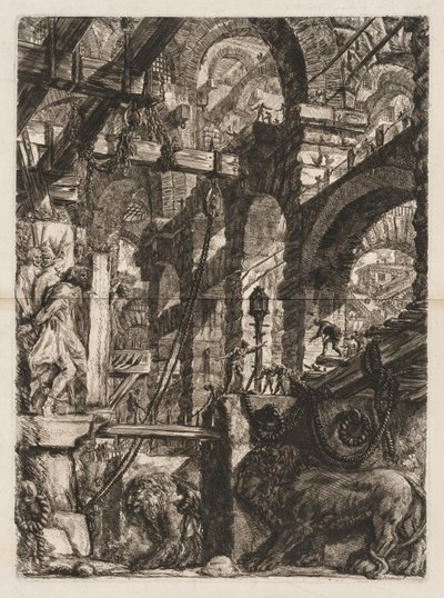 De gevangenissen: Een perspectief van Romeinse bogen, met twee leeuwen in reliëf gesneden door Giovanni Battista Piranesi