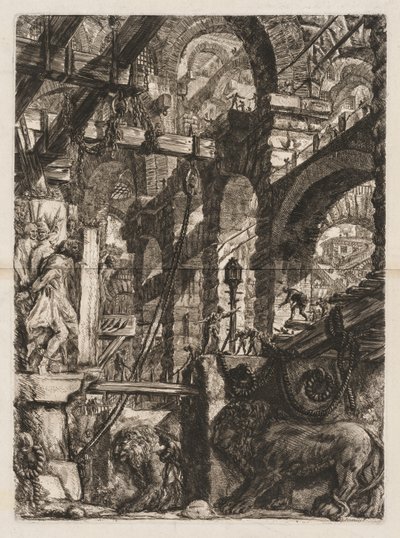 De gevangenissen: Een perspectief van Romeinse bogen, met twee leeuwen in reliëf gehouwen op stenen platen op de voorgrond door Giovanni Battista Piranesi