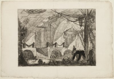 De zaagbok, plaat 12 uit Imaginaire Gevangenissen door Giovanni Battista Piranesi