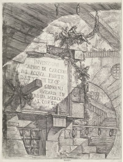 Titelprent met gezicht in kerker en titel op muur door Giovanni Battista Piranesi