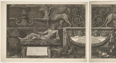 Titelprent met sculpturen, gebeeldhouwde reliëfs en een sarcofaag met titel Vazen, kandelaars, grafstenen, sarcofagen, tripods, lampen en ornamenten ontworpen en gegraveerd door Giovanni Battista Piranesi door Giovanni Battista Piranesi