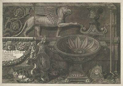 Titelprent met sculpturen, gebeeldhouwde reliëfs en een sarcofaag met titel (rechter deel) door Giovanni Battista Piranesi