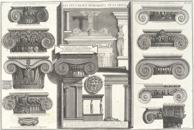 Verschillende Romeinse Ionische kapitelen vergeleken met Griekse voorbeelden..., midden 18e eeuw door Giovanni Battista Piranesi