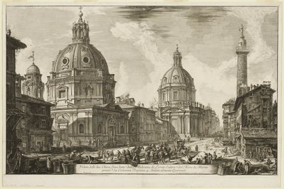 Zicht op twee kerken, de ene genaamd 1. S. Maria di Loreto, de andere 2. De Naam van Maria, nabij 3. Maria di Loreto. De Naam van Maria, vlakbij 3. Zuil van Trajanus. 4. De beklimming van de Quirinal, van Gezicht op Rome door Giovanni Battista Piranesi