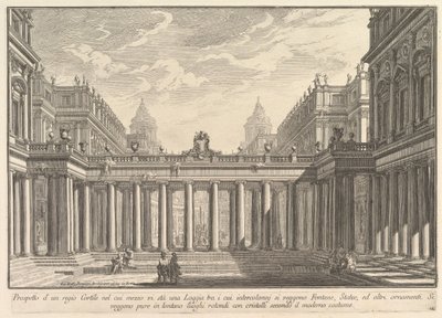 Uitzicht op een binnenplaats met een loggia, fonteinen, standbeelden en andere ornamenten door Giovanni Battista Piranesi