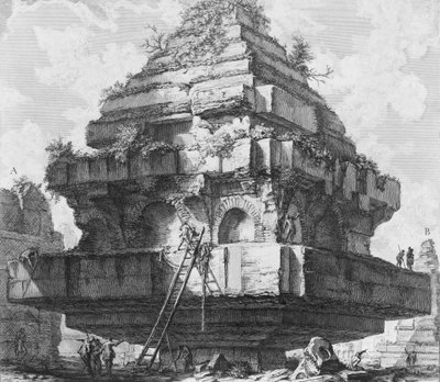 Uitzicht op een grote structuur, overblijfselen van het graf van de Metelli aan de Via Appia door Giovanni Battista Piranesi
