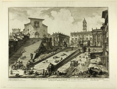 Zicht op de Capitolijnse Heuvel met de trappen naar de Kerk van S. Maria in Aracoeli, uit Zichten van Rome door Giovanni Battista Piranesi