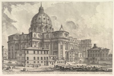 Uitzicht op de buitenkant van de Sint-Pietersbasiliek in het Vaticaan, uit Vedute di Roma Roma, ca. 1748 door Giovanni Battista Piranesi