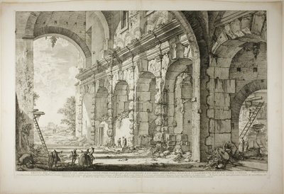 Zicht op de bovenverdieping van de Kooien voor Wilde Dieren gebouwd door Keizer Domitianus, geassocieerd met het Flavische Amfitheater en gewoonlijk de Curia Hostilia genoemd, uit Zichten van Rome door Giovanni Battista Piranesi