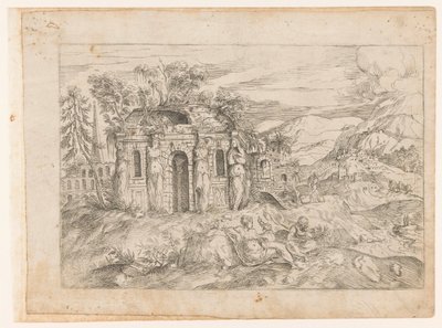 Landschap met antieke tempel met kariatiden door Giovanni Battista Pittoni (I) (attributed to)