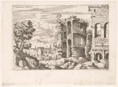 Gezicht op het Colosseum en omgeving te Rome door Giovanni Battista Pittoni (I)