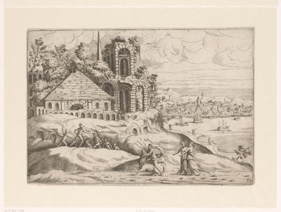 Landschap met antieke ruïnes en de Kolossus van Rhodos door Giovanni Battista Pittoni (I)