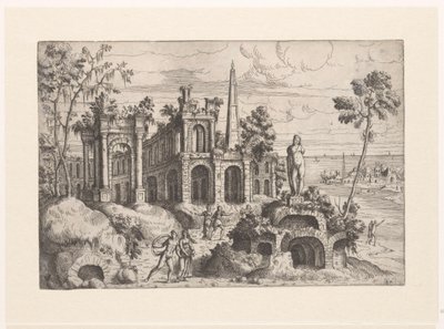 Landschap met antieke ruïnes, sculptuur en obelisk door Giovanni Battista Pittoni (I)