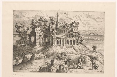 Landschap met ruïnes aan het water en een op- of ondergaande zon door Giovanni Battista Pittoni (I)