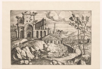 Landschap met ruïnes en fantasie-architectuur aan stromend water met waterval door Giovanni Battista Pittoni (I)