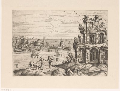 Stadsgezicht met ruïnes en fantasie-architectuur aan het water door Giovanni Battista Pittoni (I)