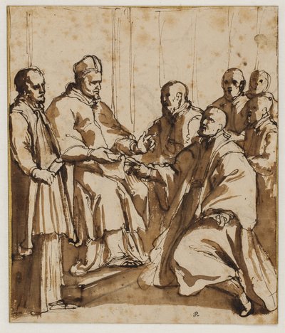 Paus Paulus V geeft de bul "Universi agri domini" uit van 1612 door Giovanni Battista Ricci