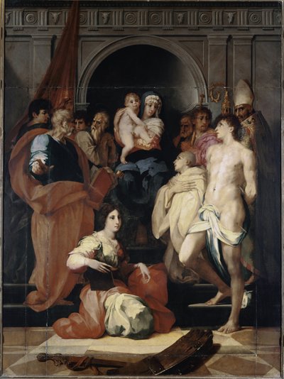 Madonna op de troon met het kind en heiligen door Giovanni Battista Rosso Fiorentino