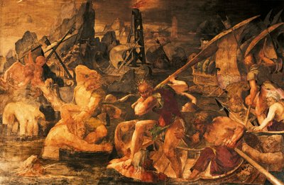 Zeeslag, fresco Galerie van Frans I, Kasteel van Fontainebleau (Werelderfgoed door UNESCO) door Giovanni Battista Rosso Fiorentino