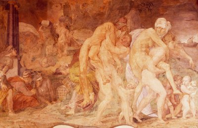 De tweelingen van Catania, Anfinomo en Anapio, fresco in de galerij van Frans I in Kasteel van Fontainebleau, Frankrijk (Werelderfgoed door UNESCO) door Giovanni Battista Rosso Fiorentino