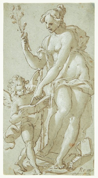Venus onderwijst Amor, die in een boek leest door Giovanni Battista Rovere