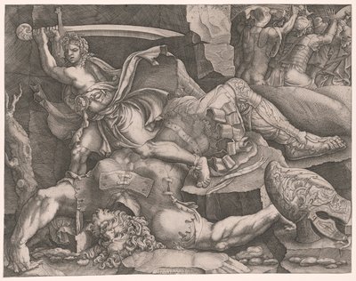 David hakt het hoofd van Goliath af door Giovanni Battista Scultori