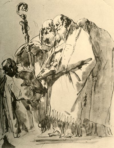 Een bisschop, twee andere priesters en een diaken met het ritueel, ca. 1740s, 1928 door Giovanni Battista Tiepolo