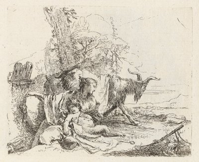 Een nimf met een kleine sater en twee geiten, uit Vari capricci door Giovanni Battista Tiepolo
