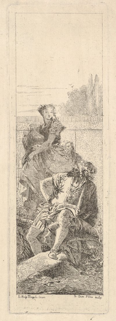 Een bebaarde, zittende man kijkt over zijn rechterschouder naar een kind en vrouw die dragen..., ca. 1750-55 door Giovanni Battista Tiepolo
