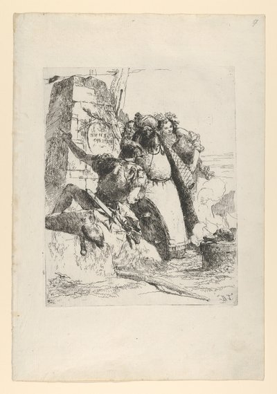Een magiër, een soldaat en drie figuren die naar een brandende schedel kijken uit de Scherzi door Giovanni Battista Tiepolo