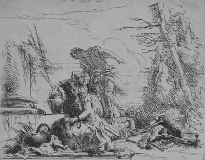 Geketende vrouw en andere figuren bij een brandstapel van botten, uit de Capricci door Giovanni Battista Tiepolo