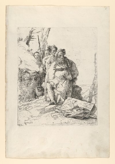 Tovenaar met vier figuren bij een rokend altaar, uit de Scherzi door Giovanni Battista Tiepolo