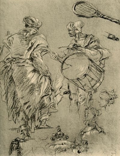 Man van achteren gezien, een drummer en kleine studies door Giovanni Battista Tiepolo